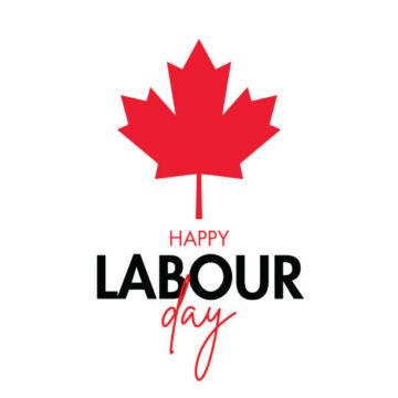 Canadian Labour Day greeting card with red maple leaf and festive message, celebrating workers and the holiday in Canada.